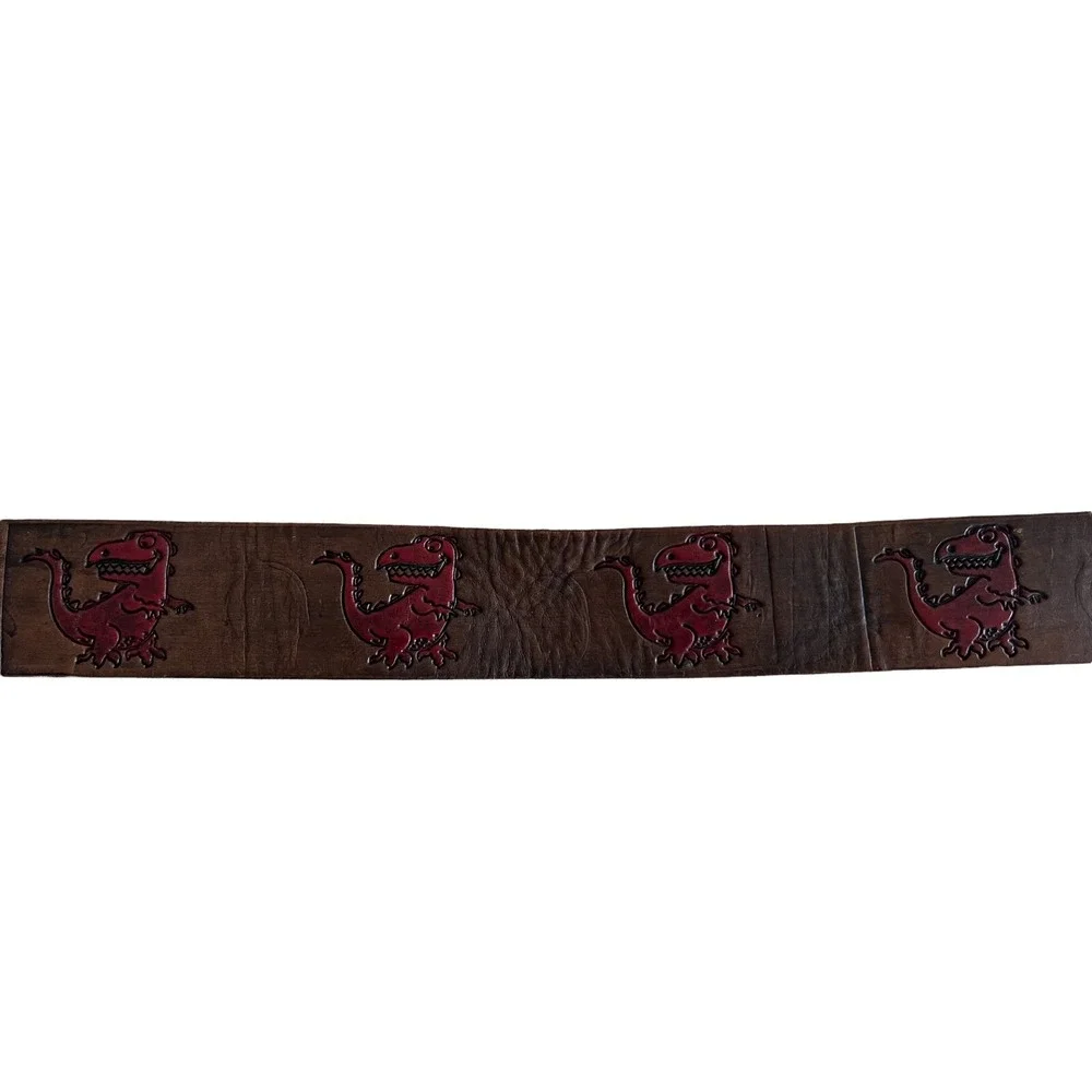 Fiorucci Vintage Kids Brown Leather Red T-Rex  Engraved Logo Belt Size M‎ 24-30